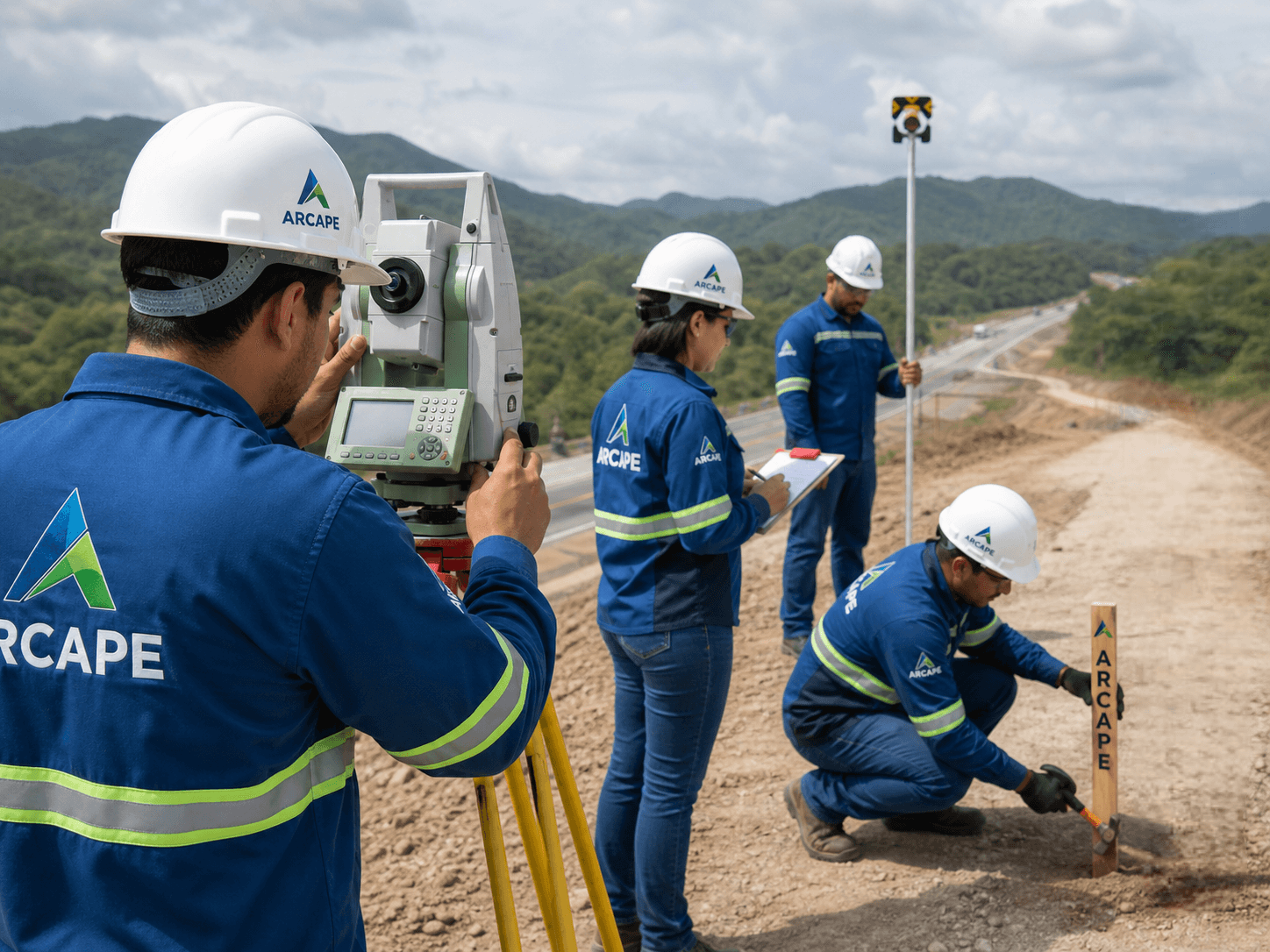 Engenheiro operando equipamento topográfico em campo